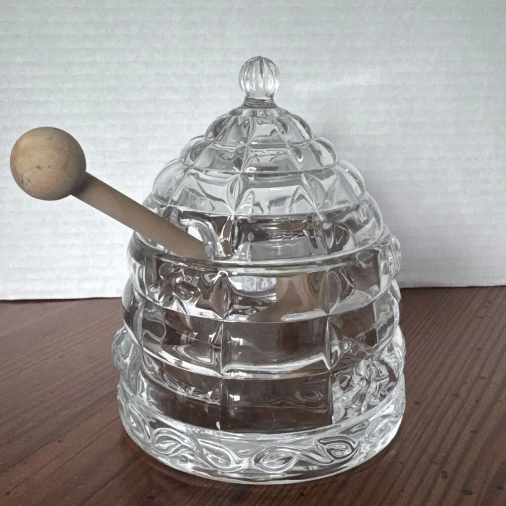 Beehive Crystal Honey  Storage Serving Glass Jar Dispenser with Wooden Dipper